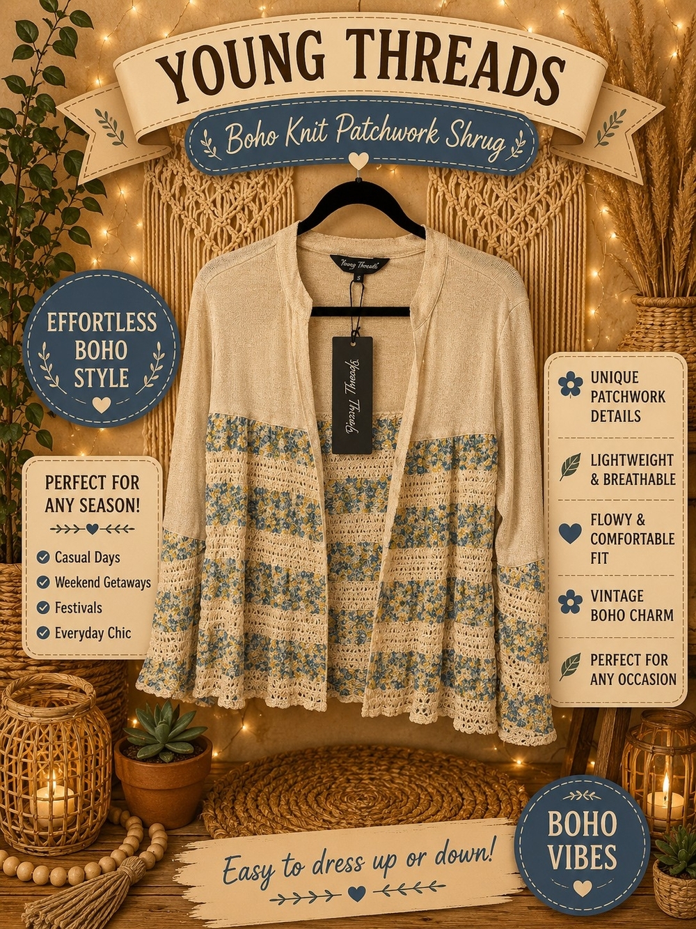 194 Young Threads Women's Boho Knit Patchwork Shrug — Cream and Blue
